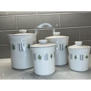 VTG Damon Wood Canister Set Of 4 W/ Lids Leaf Blue Bar, Farmhouse, Cottagecore